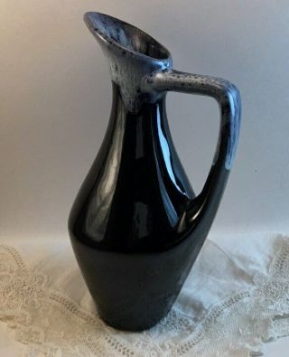 Vintage Signed Anna Van Briggle Handled 7 " Vase Black High Glaze Blue Lava Drip