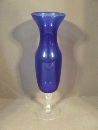 Mid Century Modern Cobalt Blue Glass Vase With Clear Twisted Stem