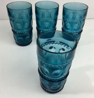 4 Indiana Glass Tiara Teal Blue Kings Crown Thumbprint Tumblers 8 Oz Glasses
