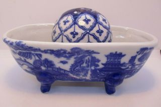 Victoria Ware Ironstone Flow Blue Footed Bowl With Ceramic Bowl Vintage