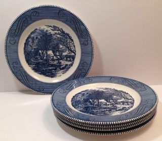 (5) Vintage Royal Currier & Ives The Old Grist Mill Underglaze Dinner Plates