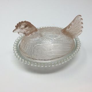 Rare Vintage Indiana Pink Glass Chicken Hen On Nest Covered Dish Rooster 7” Inch