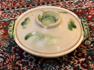 Vintage Studio Art Handmade Covered Dish Bowl & Lid Handles Green Drip Glaze Euc