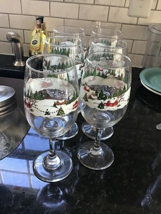 Vintage 6 Libbey Currier & Ives Wine Glasses Water Goblet Christmas Winter Scene