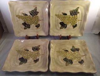 4 Tabletops Unlimited Large Square Dinner Plates 11 " Green Grapes Handpainted