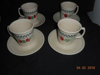 4 Corelle Red Apple Farm Fresh Cups/ Mugs With Saucers Green Checkerboard Trim