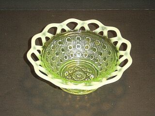 Imperial Glass Open Lace Edge Button Cane 6 - 1/4 " Green Vaseline Opalescent Bowl