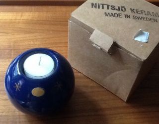 Vintage Mid Century Nittsjo Sweden Pottery Blue Tea Light Candle Holder & Box
