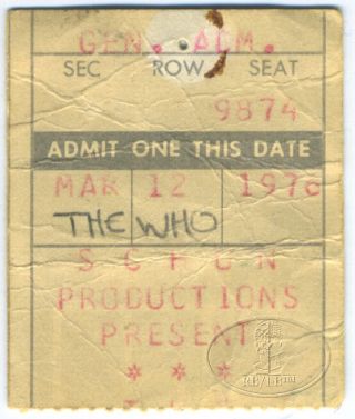 The Who 1976 Tour Ticket Stub Pete Townshend Roger Daltrey