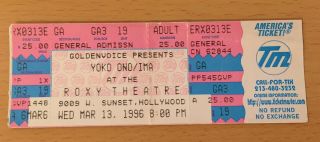 1996 Yoko Ono Ima The Roxy Hollywood Concert Ticket Stub Rising The Beatles
