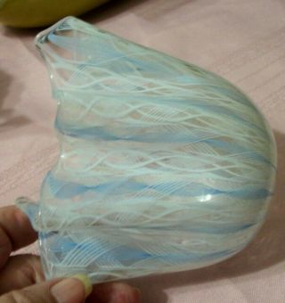 Fluted Italian Ribbon Art Glass Bowl - Vase Light Blue And White About 4 " Tall