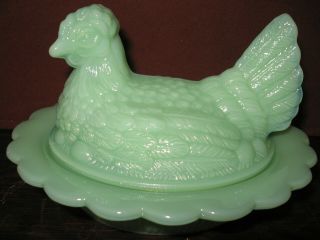 Jadeite Glass Hen Chicken On Nest Basket Dish Rooster Candy Butter / Jade Green
