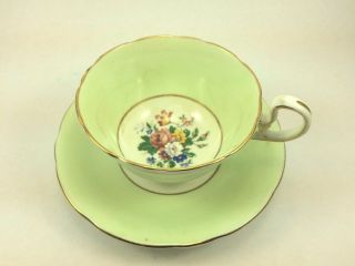 Aynsley England Green Tea Cup & Saucer Set With Rose Flower Bouquet Accent