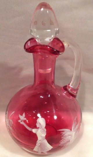 Vintage Hand Painted Mary Gregory Cranberry Glass Cruet W/clear Handle