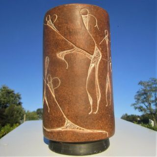 Art Pottery Vase Mid - Century Modern Design Glazed Carved Dancers Figures Signed