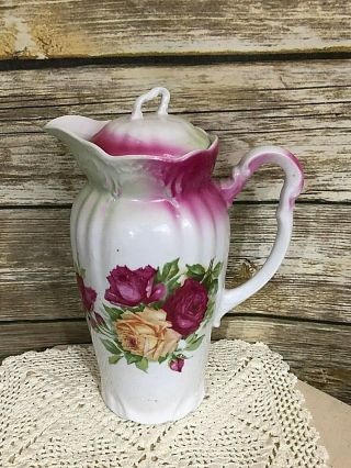 Antique Porcelain Chocolate Pot Pink Green Roses No Maker Mark