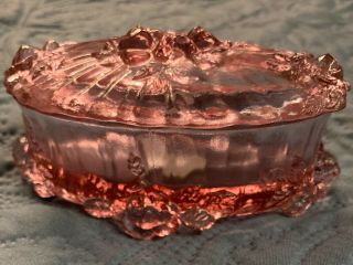 Fenton Vintage Pink Glass Rose Design Trinket Box With Lid - No Chips / Cracks