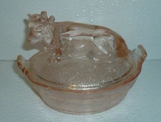 Cow On Nest Bucket Pink Depression Glass Lidded Candy Dish Vanity Vtg 5.  5 "