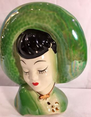 Vintage Lady Head Vase/ Wall Pocket Green Luster Ware 7 1/4 " Tall