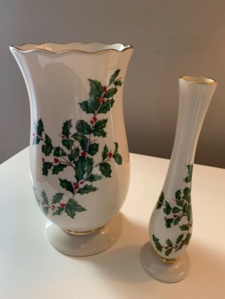 Lenox Holiday Holly Berry 7 1/2 " Bud Vase And 8 " Scalloped Flower Vase
