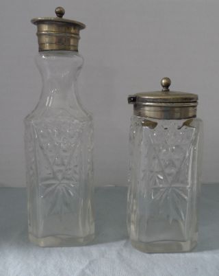 Vintage Cruets/condiment Silver Plate,  Cut Glass Bottles - Hinged And Shaker