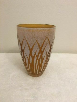 Vintage : Etched Floral Orange Studio Art Glass Vase