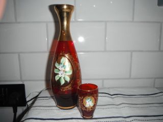 Vintage Ruby Red Venetian/murano Glass Carafe/decanter & Beaker - Gold Overlay