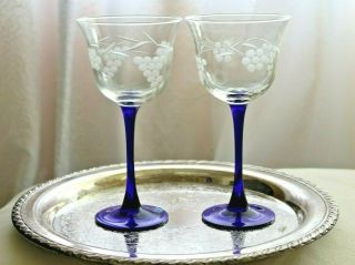 (2) Blue Stem Wine Glasses Floral Etched Labeled Ferguson 
