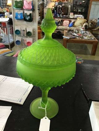 Vintage Indiana Glass Frosted Green Diamond Point Pedestal Candy Dish W/ Lid