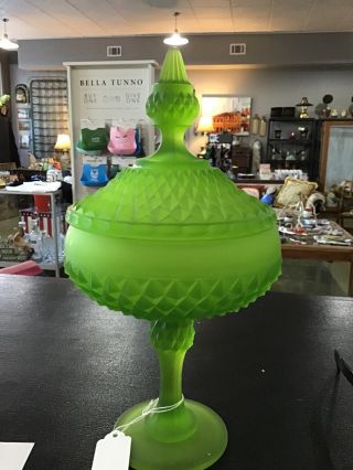 VINTAGE INDIANA GLASS FROSTED Green DIAMOND POINT PEDESTAL CANDY DISH w/ LID 2