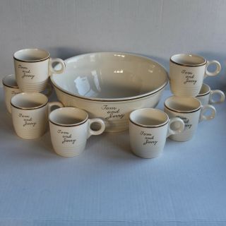 Vintage Universal Cambridge Tom & Jerry Drink Set - Bowl & 8 Mugs - Cream & Gold
