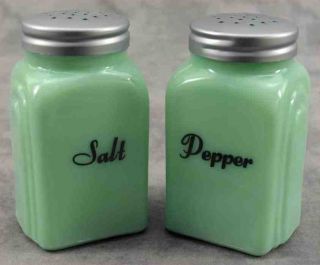 Jadeite Green Glass Arch Salt & Pepper Shaker Set Black Lettering