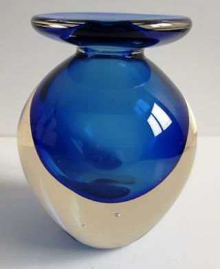Heavy Art Glass Contemporary Vase,  Blue & Clear Glass,  Inverted Teardrop Shape