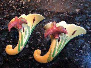 Set Of 2 Vintage Ceramic Opco Art Pottery Wall Pocket Vase Duck With Cattails