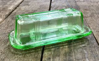 Emerald Green Glass Vintage Art Deco Crossed - Striped Covered Butter Dish