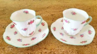 2 Shelley Rosebud Demitasse Teacups And Saucers Pink Rose Dainty Shape