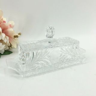 Vintage Crystal Cut Glass Covered Butter Dish Etched Daisy Flower Elegant Exc