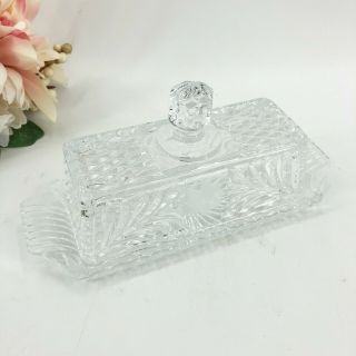 Vintage Crystal Cut Glass Covered Butter Dish Etched DAISY FLOWER ELEGANT Exc 2