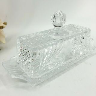 Vintage Crystal Cut Glass Covered Butter Dish Etched DAISY FLOWER ELEGANT Exc 3