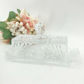 Vintage Crystal Cut Glass Covered Butter Dish Etched DAISY FLOWER ELEGANT Exc 4