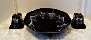 Mid - Century Modern Haeger Black & Blue Drip Glaze 3 Pc Set Bowl Candlesticks