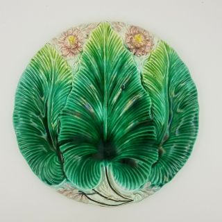 Antique Majolica Banana Palm Leaf Plate With Pink Flowers Villeroy & Boch