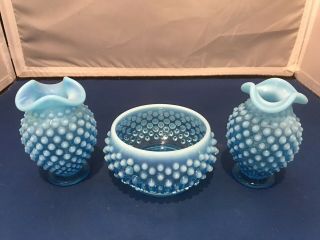 Vintage Fenton Hobnail Aqua Blue Bud Vase Pair (2) & Round Trinket Dish Euc