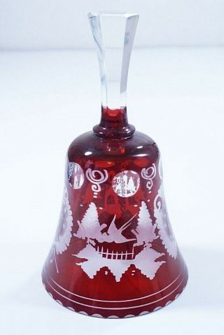 Antique Egermann Bell Etched Clear Cut Ruby Red Glass Castle Bird Forest