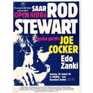 Rod Stewart & Joe Cocker & Edo Zanki Concert Ticket Sticker 8/30/86 Saar Germany