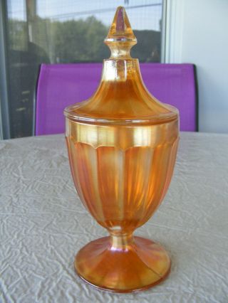 Vintage Jeanette Marigold Carnival Glass Fluted Panel Covered Compote