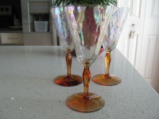 Iridescent Luster Amber Stemmed Wine Goblets - Set Of 3
