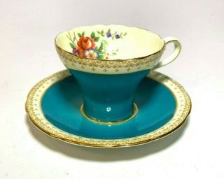 Vintage Aynsley England Turquoise & Flowers Fine Bone China Tea Cup Saucer Set