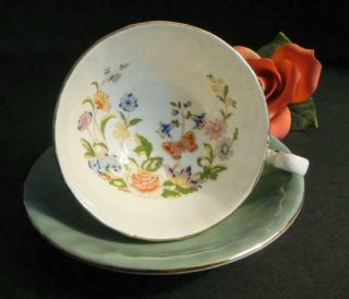 Aynsley English Bone China Teacup & Saucer Green Gold Floral Butterfly 106