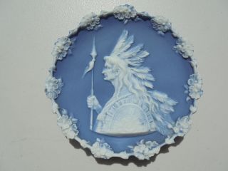 Antique German Jasperware Blue White Indian Chief W Sword & Shield Plaque